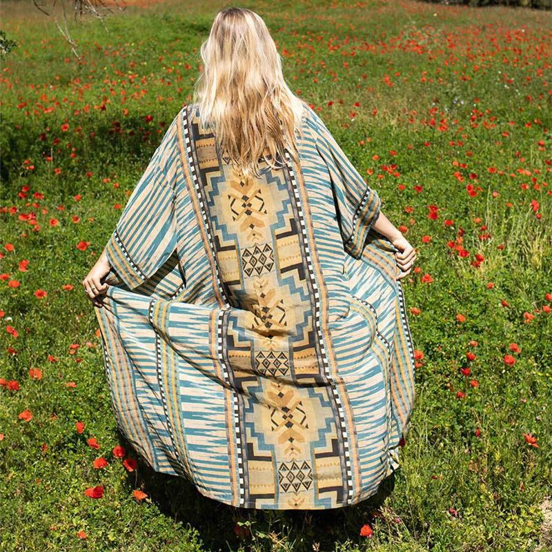 TEELYNN Boho Beach Cover Up Cotton Beige Ethnic Print Kimono Cardigan Dress Vestidos Women Long Sleeve Tunic Blouses Cover-ups