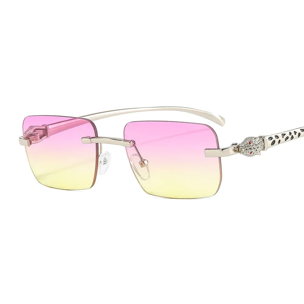 Vintage Fashion Rimless Small Square Sunglasses Women Men Luxury Brand Designer Travel Driving Metal Leopard Head Sun Glasses Luxlife Brands