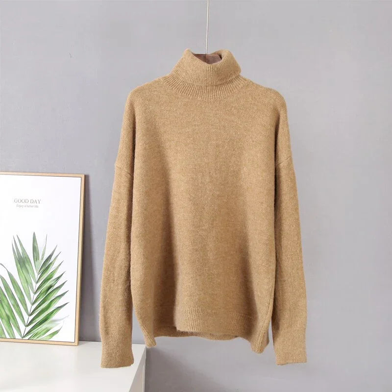 Hirsionsan turtle Neck Solid Cashmere Sweater Women Elegant Soft Warm Female Knitted Pullovers Basic Loose female Jumper LUXLIFE BRANDS
