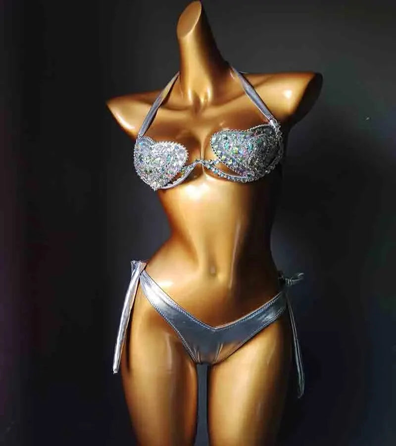The Venus Vacation Deep-V Bikini – Luxe Rhinestone Embellished Showgirl Swim Set