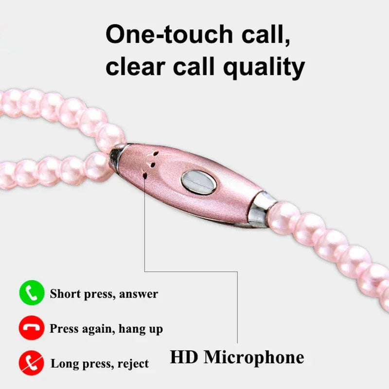 VAORLO 3.5mm Pearl Necklace Earphone Pink Rhinestone Jewelry In-Ear Headphone With Mic For Samsung Xiaomi Girl Birthday Gift