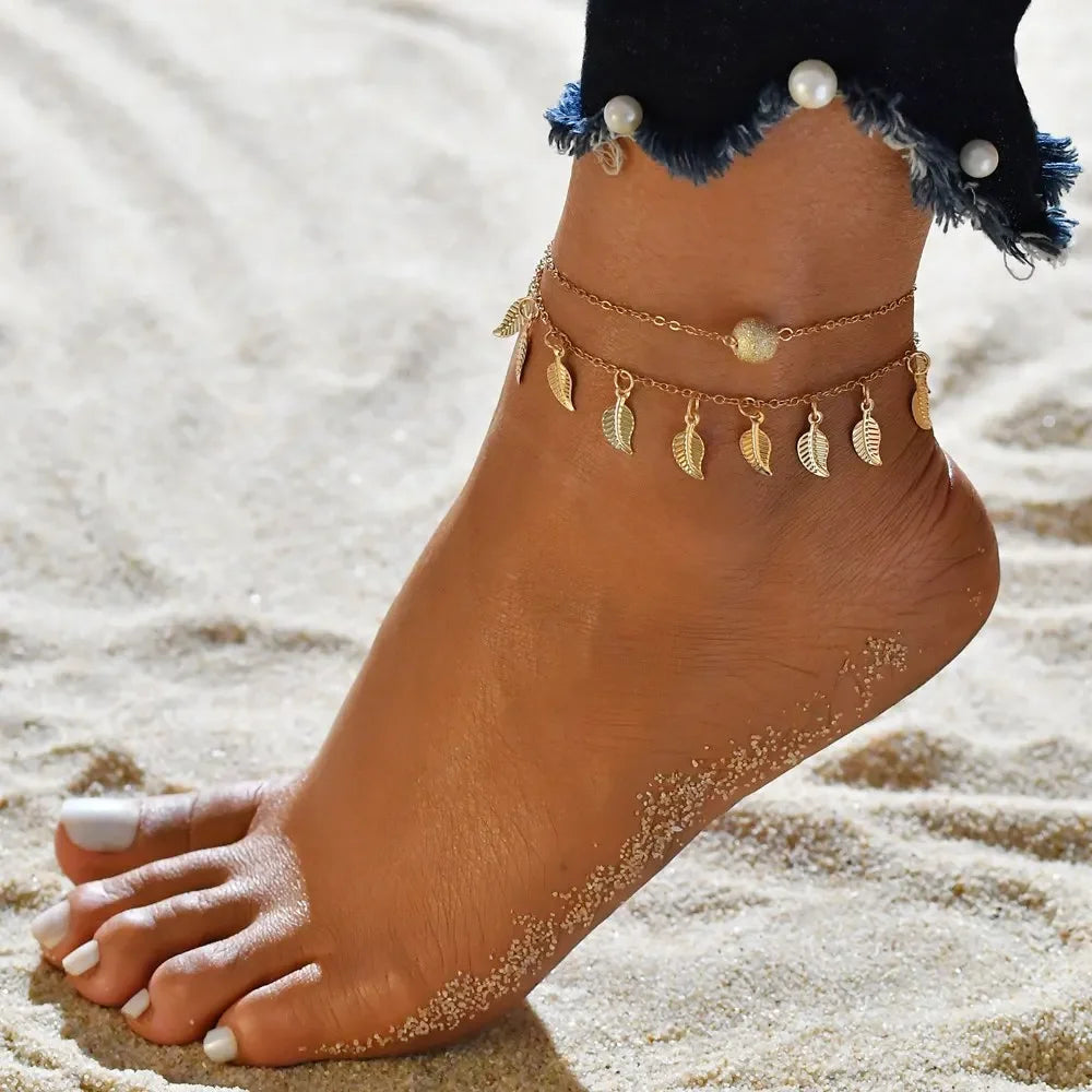 Boho Double Layer Anklets For Women Pearl Streaming Pendant Foot Chains 8 Shape Beach Bracelet Anklets Solar System Bracelet Luxlife Brands