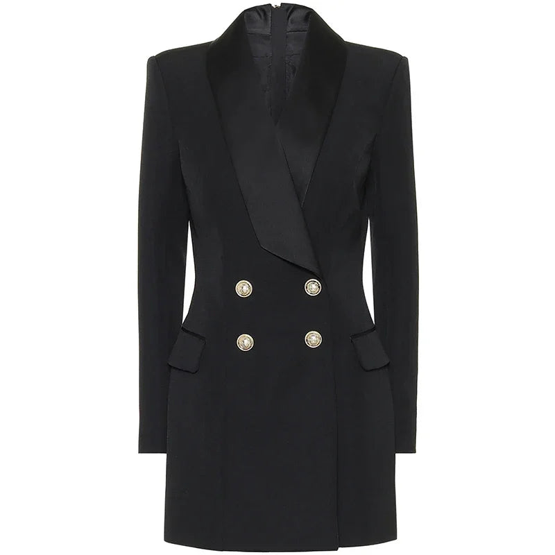 Designer Satin Notched Collar Blazer Dress With Metal Buttons Luxlife Brands