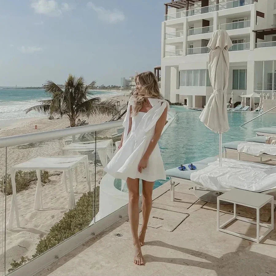 GypsyLady White Elegant Sexy Mini Dress Cotton Summer Holiday Women Dress Bow Tie V-neck Backless Ladies Party Dress Vestidos