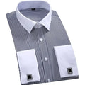Men's Classic French Cuffs Striped Dress Shirt Single Patch Pocket Standard-fit Long Sleeve Wedding Shirts Cufflink Included