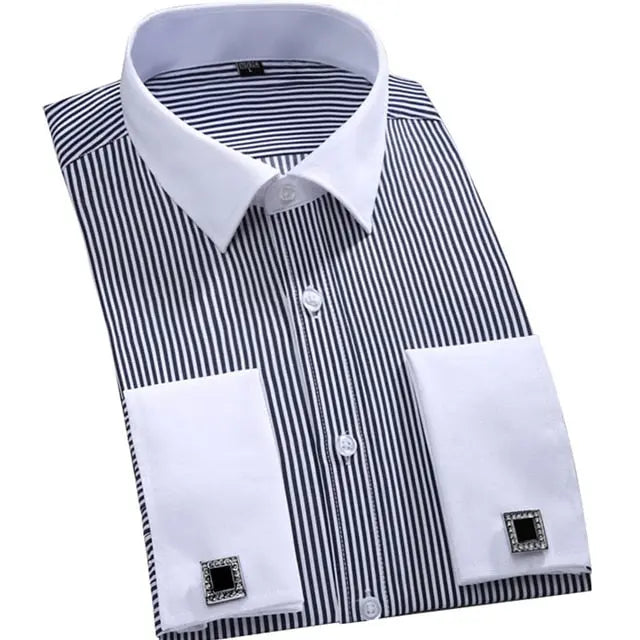Men&#39;s Classic French Cuffs Striped Dress Shirt Single Patch Pocket Standard-fit Long Sleeve Wedding Shirts Cufflink Included