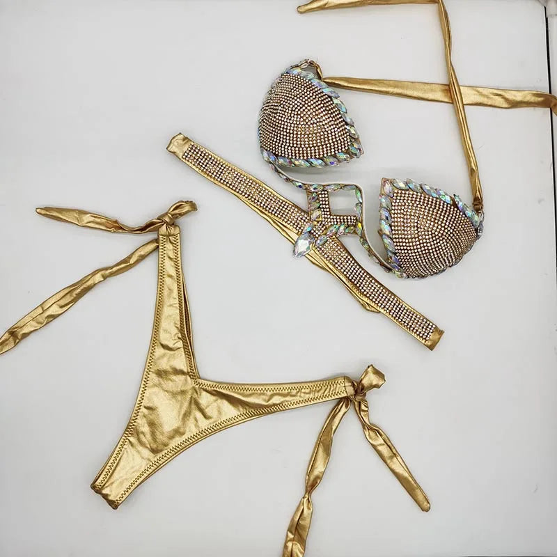 The Stardust Geometric Cross-Strap Bikini – Crystal Lattice Showgirl Set