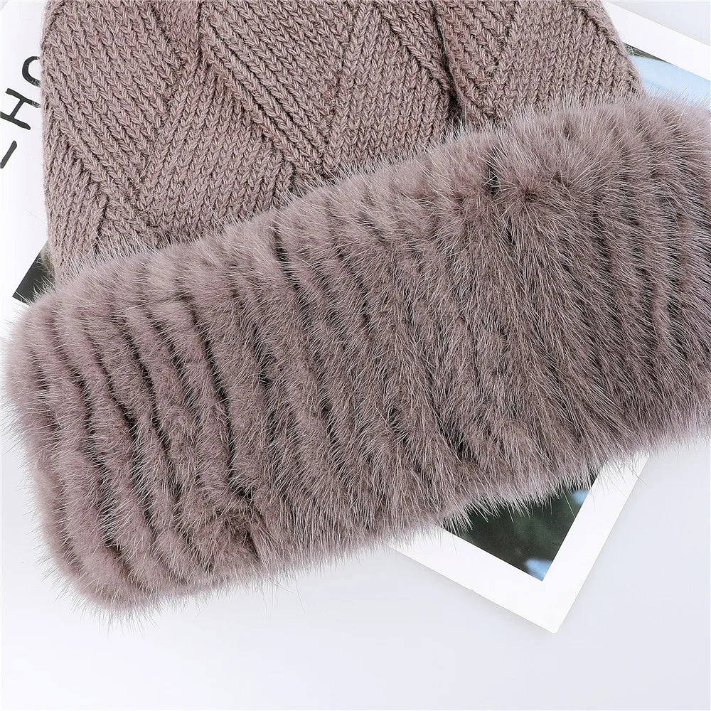Top Quality Women's Winter Knitted Wool Belend Patchwork Real Mink Fur Hat Cap Natural Fox Fur Pom Poms Beanie Lady Fashion LUXLIFE BRANDS