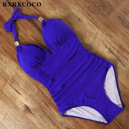 RXRXCOCO Women's Swimsuit One Piece Push Up Swimwear Women Neck Hanging Backless Sexy Bathing Suit Black Blue Beachwear Swimsuit