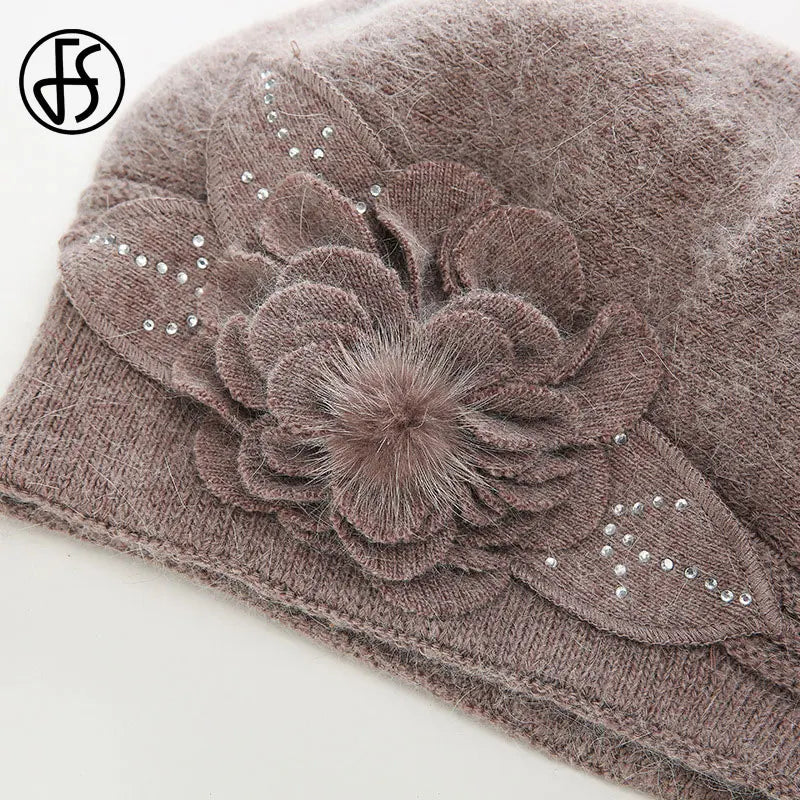 FS Women Berets Knitted Wool Hats Winter Flowers Warm Female Cap Girls Beanies Rabbit Fur Hat Gorros Bonnet Femme Hiver 2020 LUXLIFE BRANDS