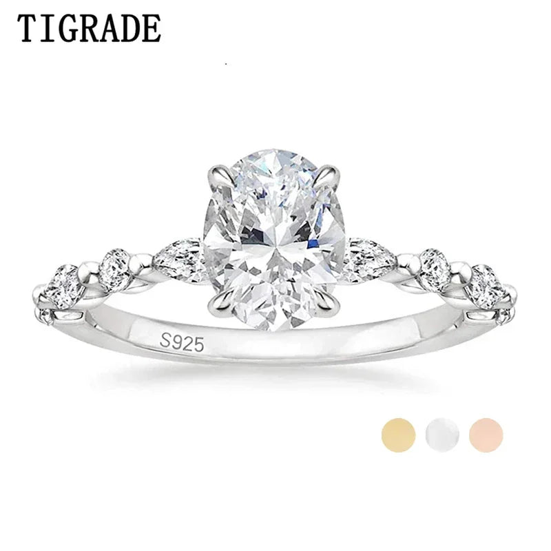 TIGRADE 3CT 925 Sterling Silver Ring Oval Cut Cubic Zirconia Engagement Rings Solitaire Halo Promise Ring For Women Size