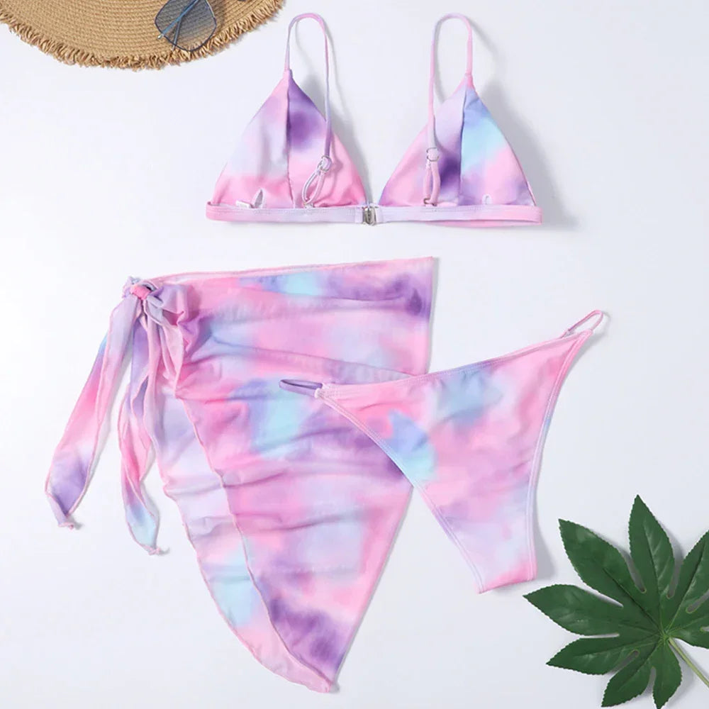 2025 New Sexy Three Pieces Bikini Set Tie-Dye Swimwear Women Swimsuit Female Bikini With Sarong Bathing Suit Beachwear Swim Lady