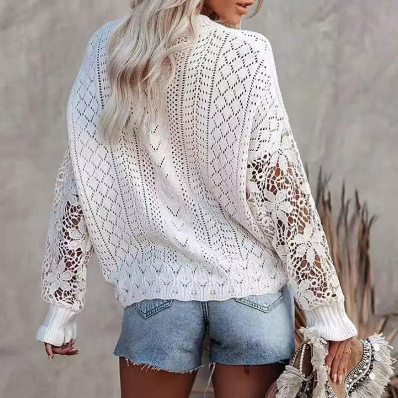 TEELYNN Women Hollow Lace Splicing Knitting Sweater Chic Flower Macrame Butterfly Sleeve Knit Jumpers Boho Party Lady Pullovers