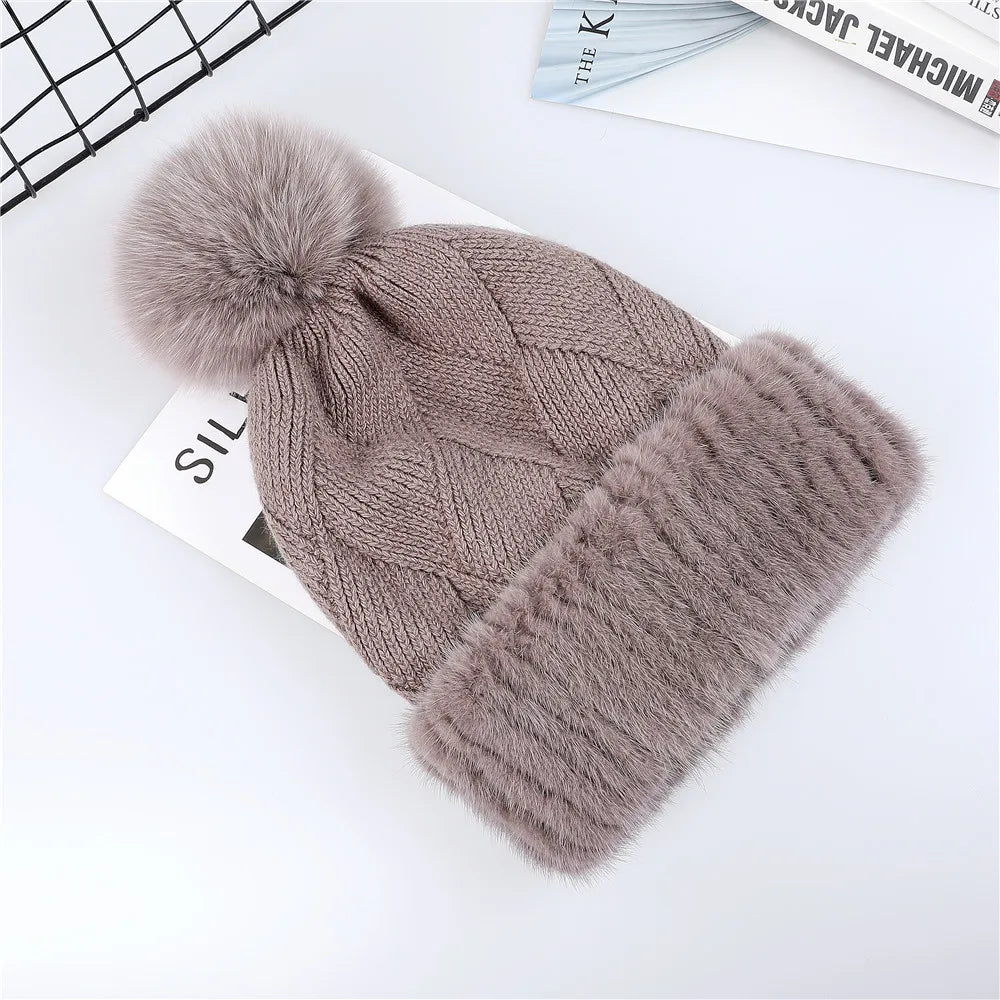 Top Quality Women's Winter Knitted Wool Belend Patchwork Real Mink Fur Hat Cap Natural Fox Fur Pom Poms Beanie Lady Fashion LUXLIFE BRANDS