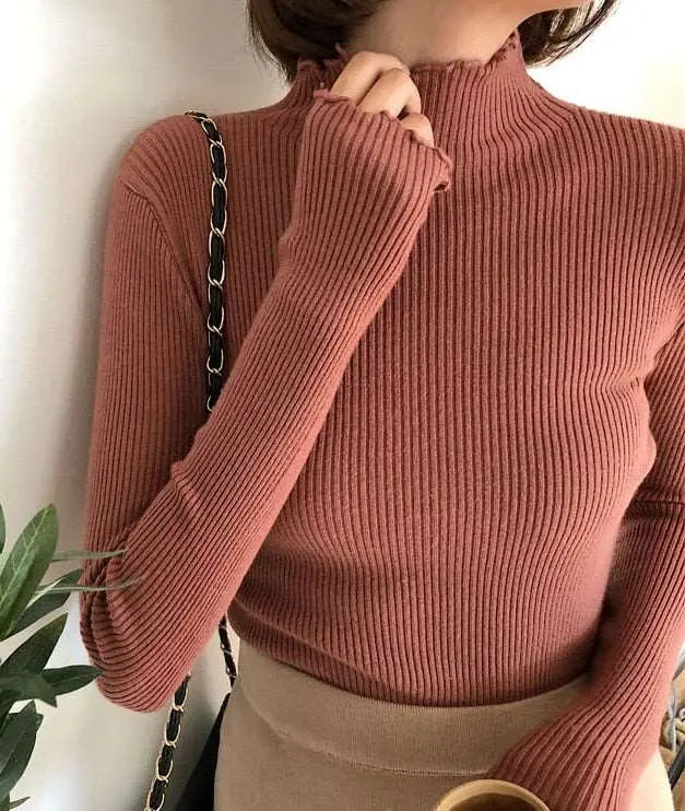 2023 Autumn Winter High Elastic Slim Sweater Women Turtleneck Ruched Sweater Fashion Knitted Pullovers Soft Warm Tops Pull 6785