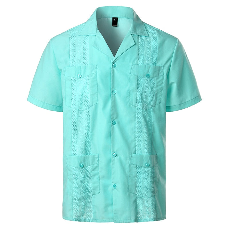 Men&#39;s Traditional Cuban Camp Collar Guayabera Shirt Short Sleeve Embroidered Mexican Caribbean Style Beach Shirt with 4 Pocket