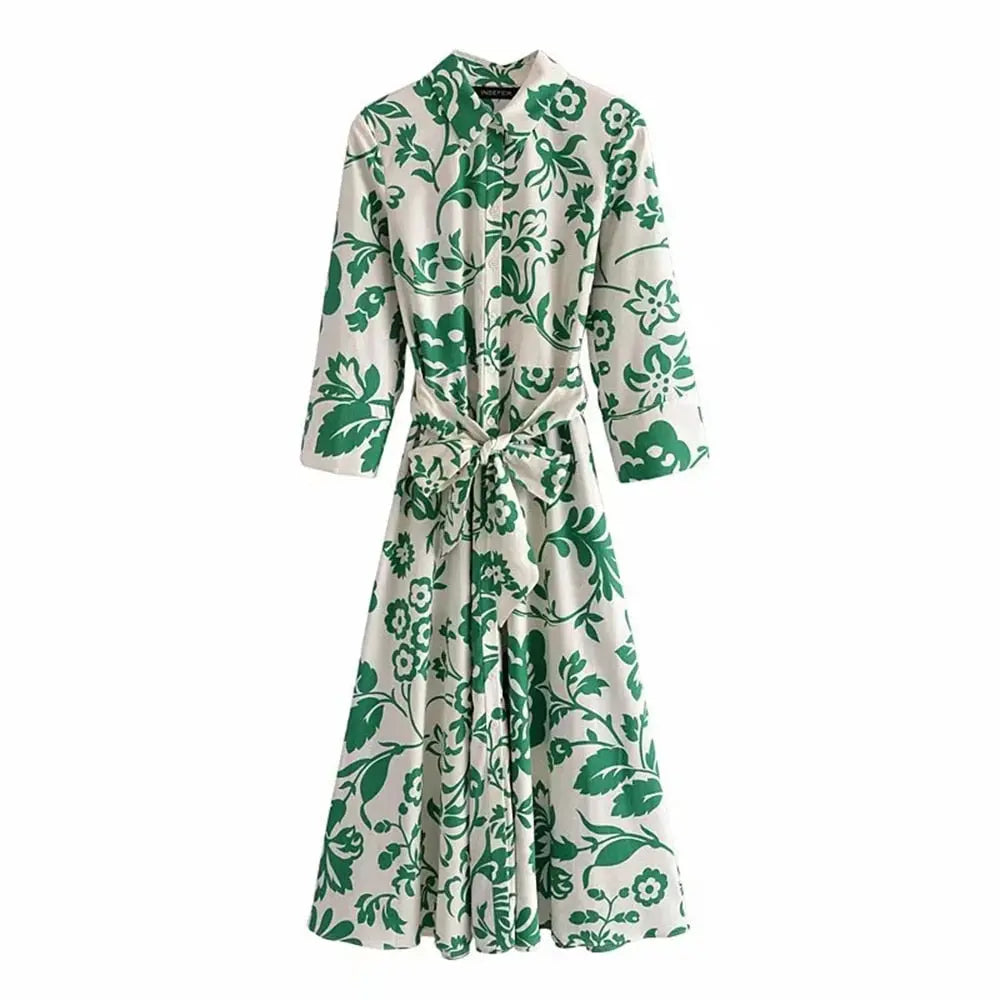 XEASY Summer Women Beach Style Green Floral Print Bow Sashes Midi Lapel Dress Female Chic Long Sleeve Casual Thin Slim Dresses