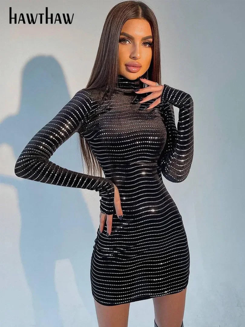 Hawthaw Women Fashion Autumn Winter Long Sleeve Bodycon Party Club Black Sequin Mini Dress 2021 Wholesale Items For Business LUXLIFE BRANDS