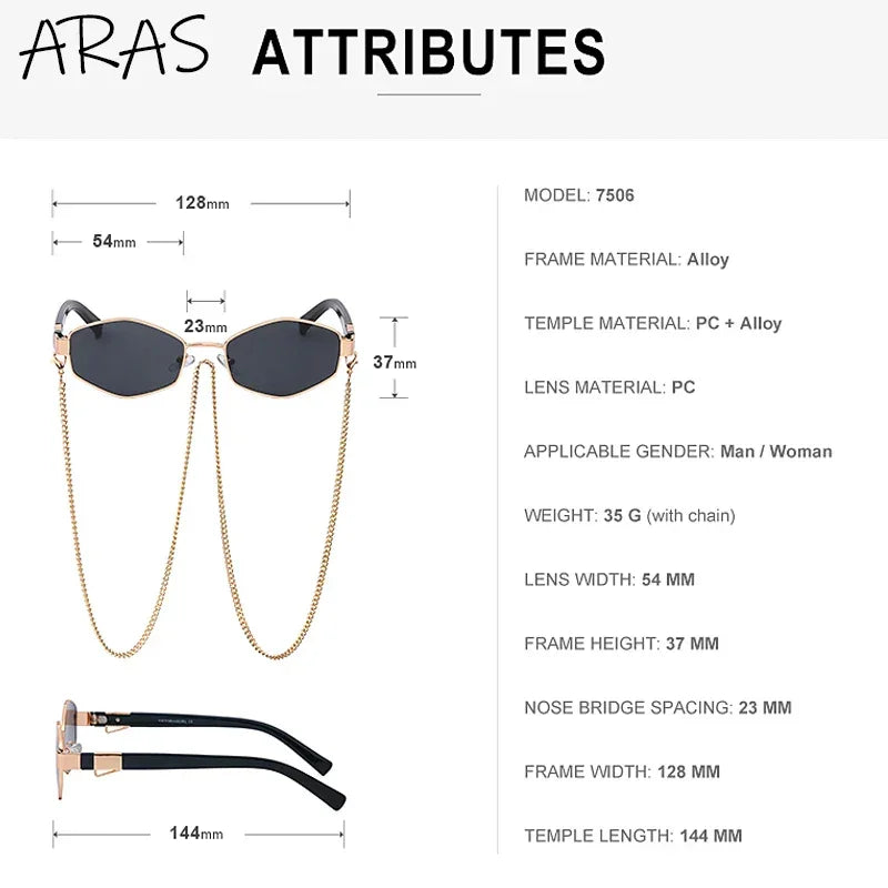 Trendy Retro Hexagon With Chain Sunglasses Women 2023 Brand Designer Unique Polygonal Sun Glasses For Female Small Frame Eyewear LUXLIFE BRANDS