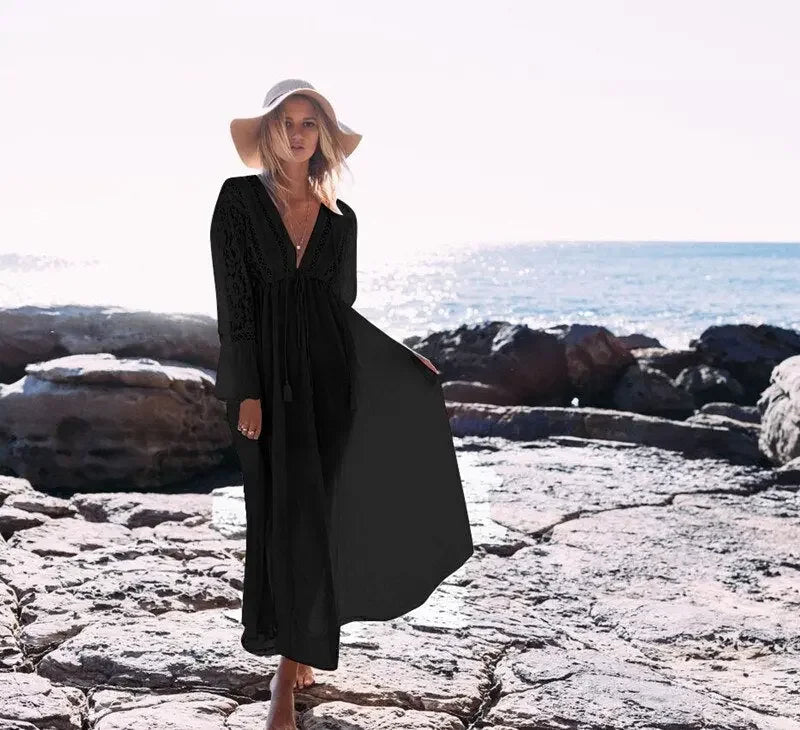 TEELYNN long sleeve beach cover dresses vintage lace white summer dress sexy deep v neck long women dress boho Bohemia vestidos