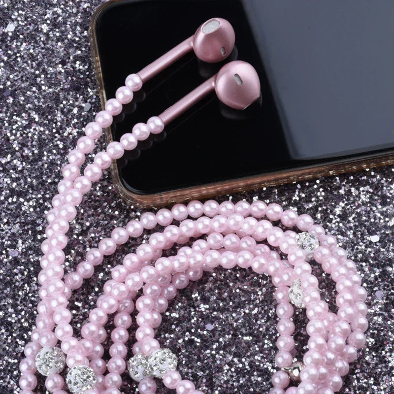 VAORLO 3.5mm Pearl Necklace Earphone Pink Rhinestone Jewelry In-Ear Headphone With Mic For Samsung Xiaomi Girl Birthday Gift