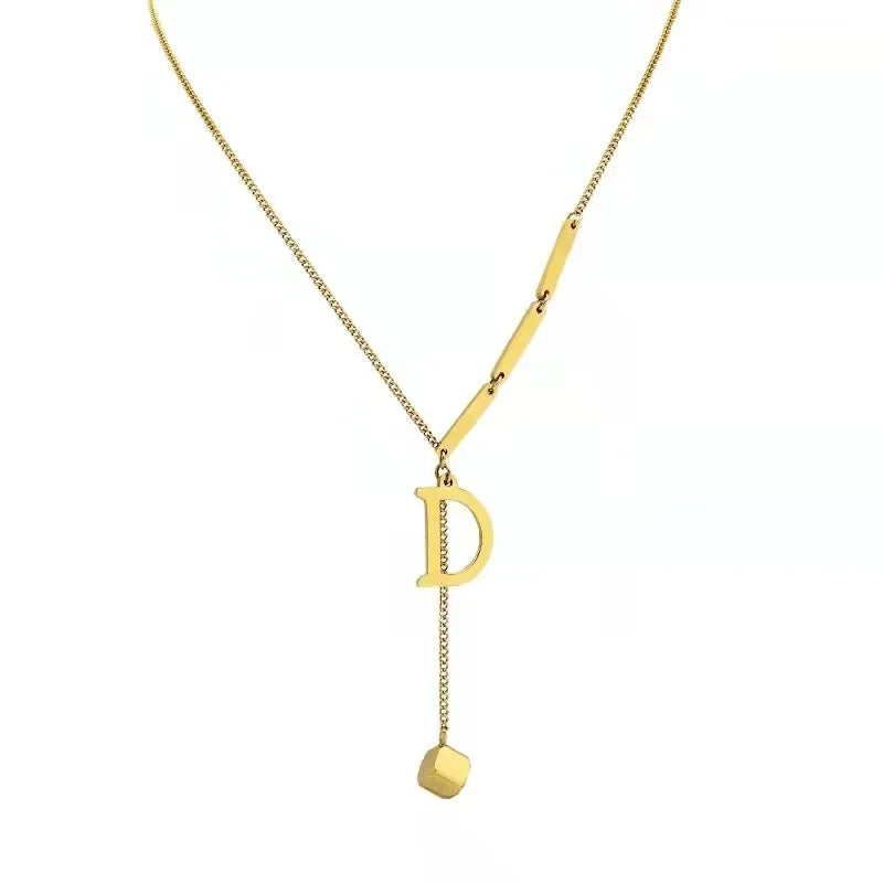 316L Stainless Steel Fashion Fine Jewelry Elegant Noble letter D Sexy Cube Tassel Charms Chain Choker Necklace Pendant For Women LUXLIFE BRANDS