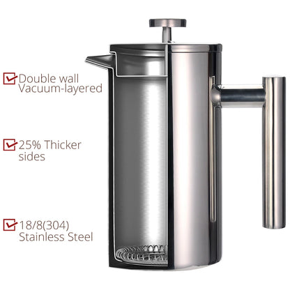 Best French Press Coffee Maker - Double Wall 304 Stainless Steel - Keeps Brewed Coffee or Tea Hot-3 size with sealing clip/Spoon