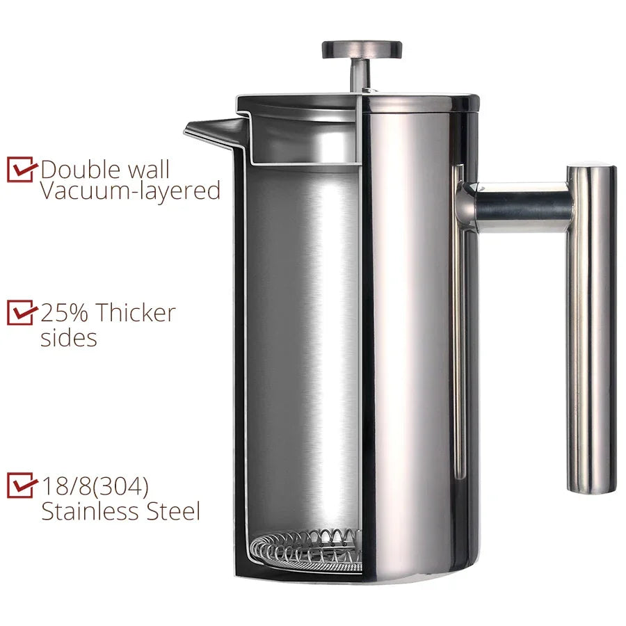 Best French Press Coffee Maker - Double Wall 304 Stainless Steel - Keeps Brewed Coffee or Tea Hot-3 size with sealing clip/Spoon LUXLIFE BRANDS