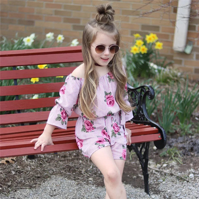 Summer Princess Baby Girls Floral Romper Off shoulder Flare Sleeve Loose Bow Striped Jumpsuit Playsuit Sunsuit Overalls Clothes LUXLIFE BRANDS