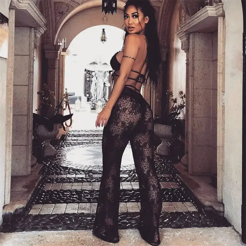 BKLD Sexy Women High Waist Pants New 2019 Black White Lace Sheer Wide Leg Pants Ladies Sexy Beach Cover Up Trousers Flare Pants