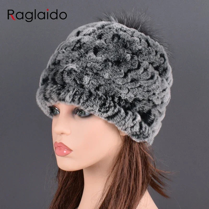 rex rabbit fur hat cap women's winter pompom caps warm natural fur knitted elastic black gray fox ball female bomber hats girsl LUXLIFE BRANDS