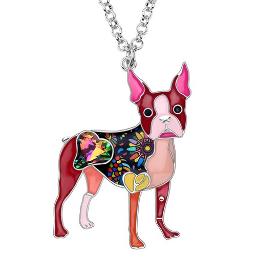 Bonsny Enamel Alloy Crystal Rhinestone Boston Terrier Dog Necklace Pendant Choker Animal Pets Jewelry For Women Girls Gift Party