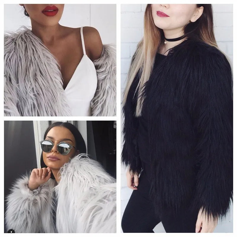 Furry Fur Coat Women Fluffy Warm Long Sleeve Outerwear Autumn Winter Coat Jacket Hairy Collarless Overcoat Plus Size 3XL 2021 LUXLIFE BRANDS