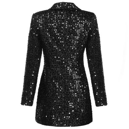 High Quality Fashion 2021 Designer Blazer Women Double Lion Buttons Shawl Collar Glitter Sequined Long Runway Black Blazers