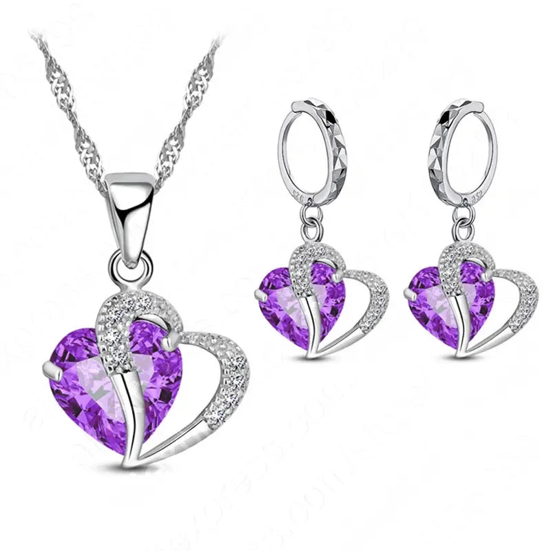 Luxury Women 925 Sterling Silver Cubic Zircon Necklace Pendant Earrings Sets Cartilage Piercing Jewelry Wedding Heart Design LUXLIFE BRANDS