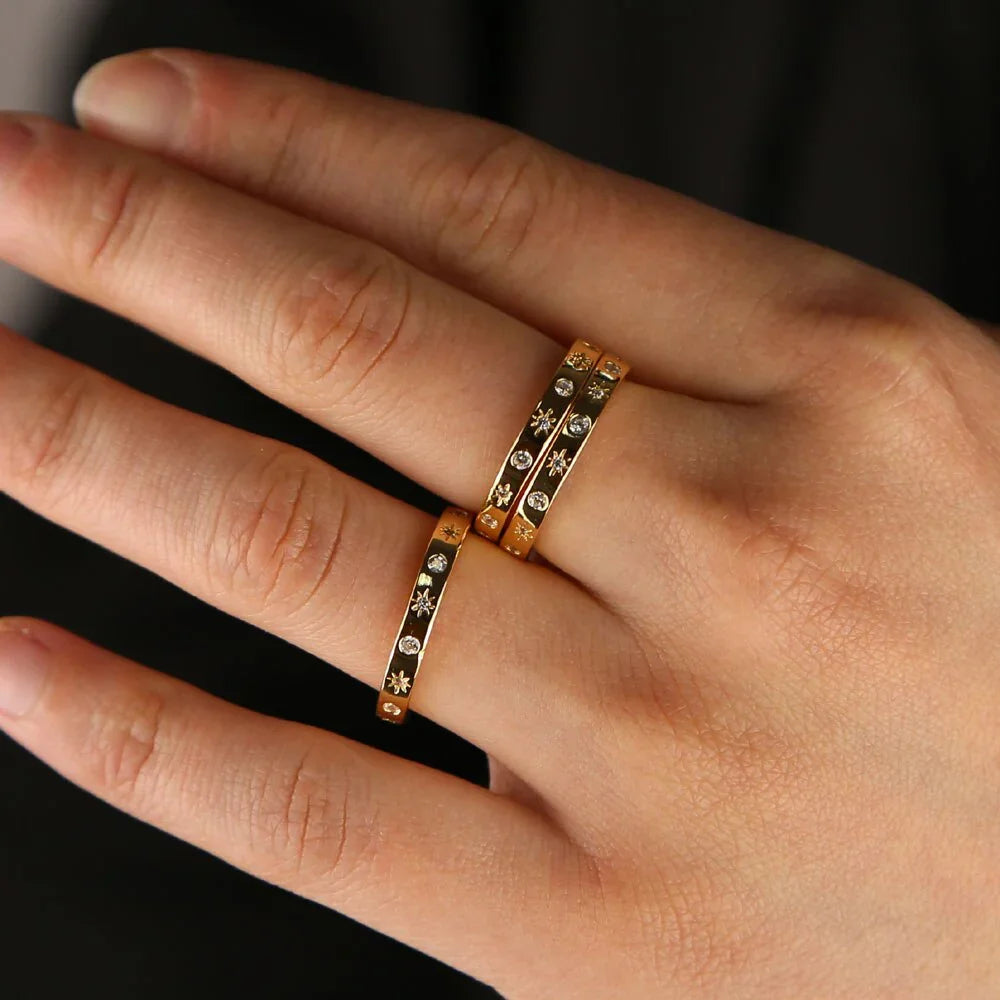 Gold color band ring for women starburst cz design simple classic fashion jewelry LUXLIFE BRANDS
