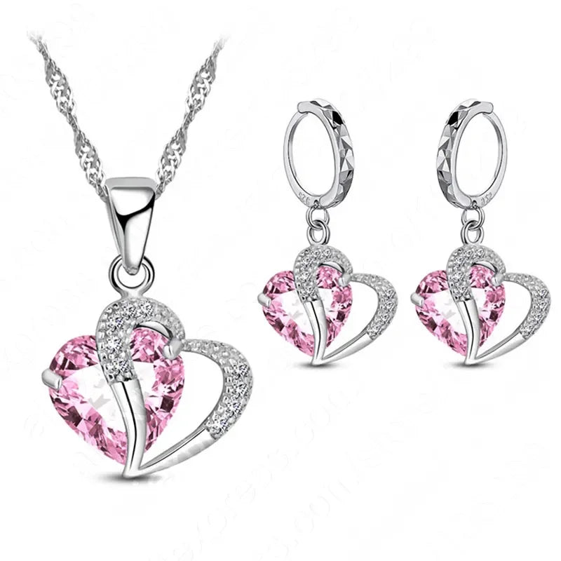 Luxury Women 925 Sterling Silver Cubic Zircon Necklace Pendant Earrings Sets Cartilage Piercing Jewelry Wedding Heart Design LUXLIFE BRANDS