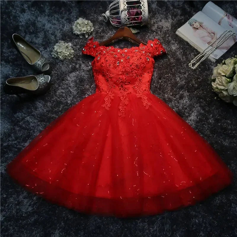 LYG-A5#Bridesmaid Dresses Drill Lace Up Red And White Short Wedding Party Prom Dress Wholesale Bride Marry Girls Graduation LUXLIFE BRANDS