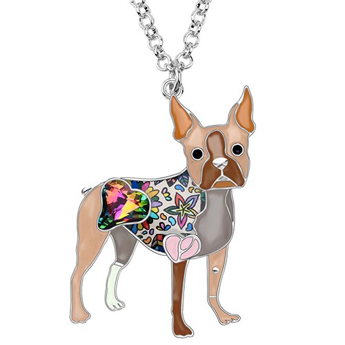 Bonsny Enamel Alloy Crystal Rhinestone Boston Terrier Dog Necklace Pendant Choker Animal Pets Jewelry For Women Girls Gift Party