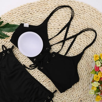 2022 Sexy Longline Black Bikini Swimwear Women Push Up Padded Swimsuit Female Double Straps Tassel Beach Wear Swimming Suits XL