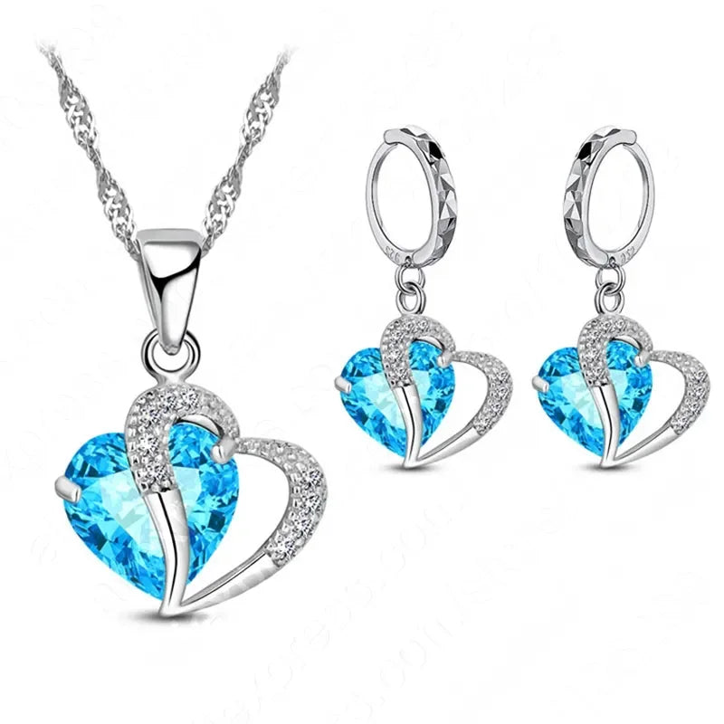Luxury Women 925 Sterling Silver Cubic Zircon Necklace Pendant Earrings Sets Cartilage Piercing Jewelry Wedding Heart Design LUXLIFE BRANDS