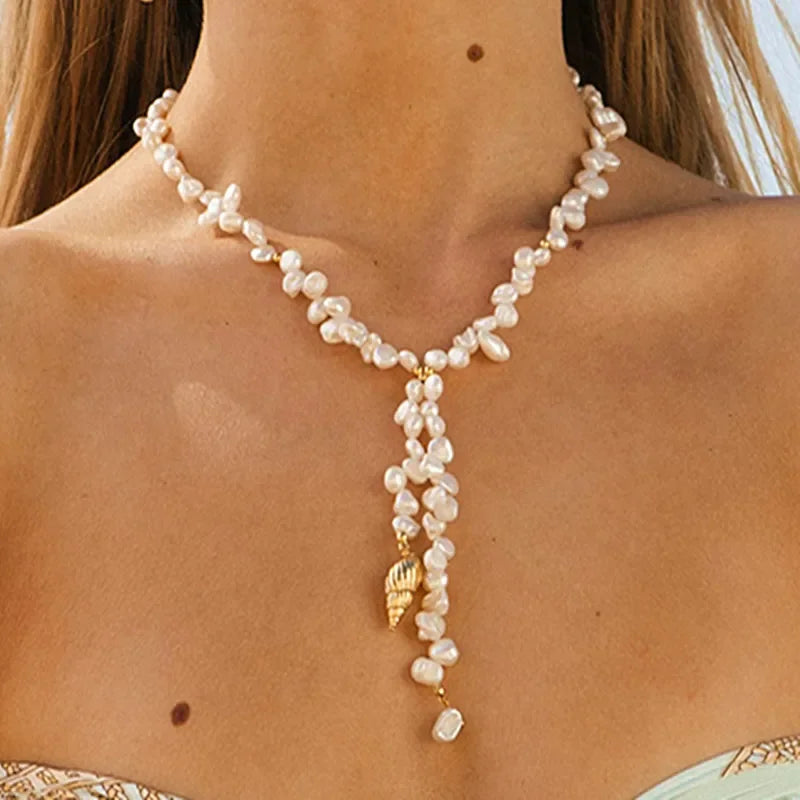 Boho Fashion Gold-Color Shell Necklace Natural Pearl Handmade Beautiful Necklace Women Baroque Jewelry Charm Statement Best Gift Luxlife Brands