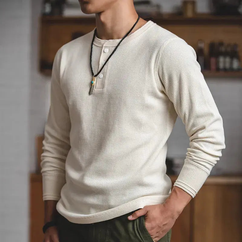 Maden Fit Long-sleeved Pullover T-shirts Men Waffle Cotton Henry T-shirt Sweater Tee Man Clothing Regularly （White ） - LUXLIFE BRANDS