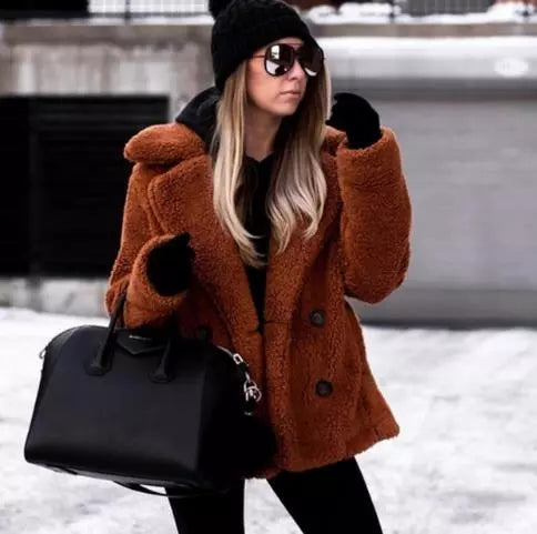 Winter Thick Warm Teddy Coat Woman Lapel Long Sleeve Fluffy Hairy Fake Fur Jackets Female Button Pockets Plus Size Overcoat LUXLIFE BRANDS