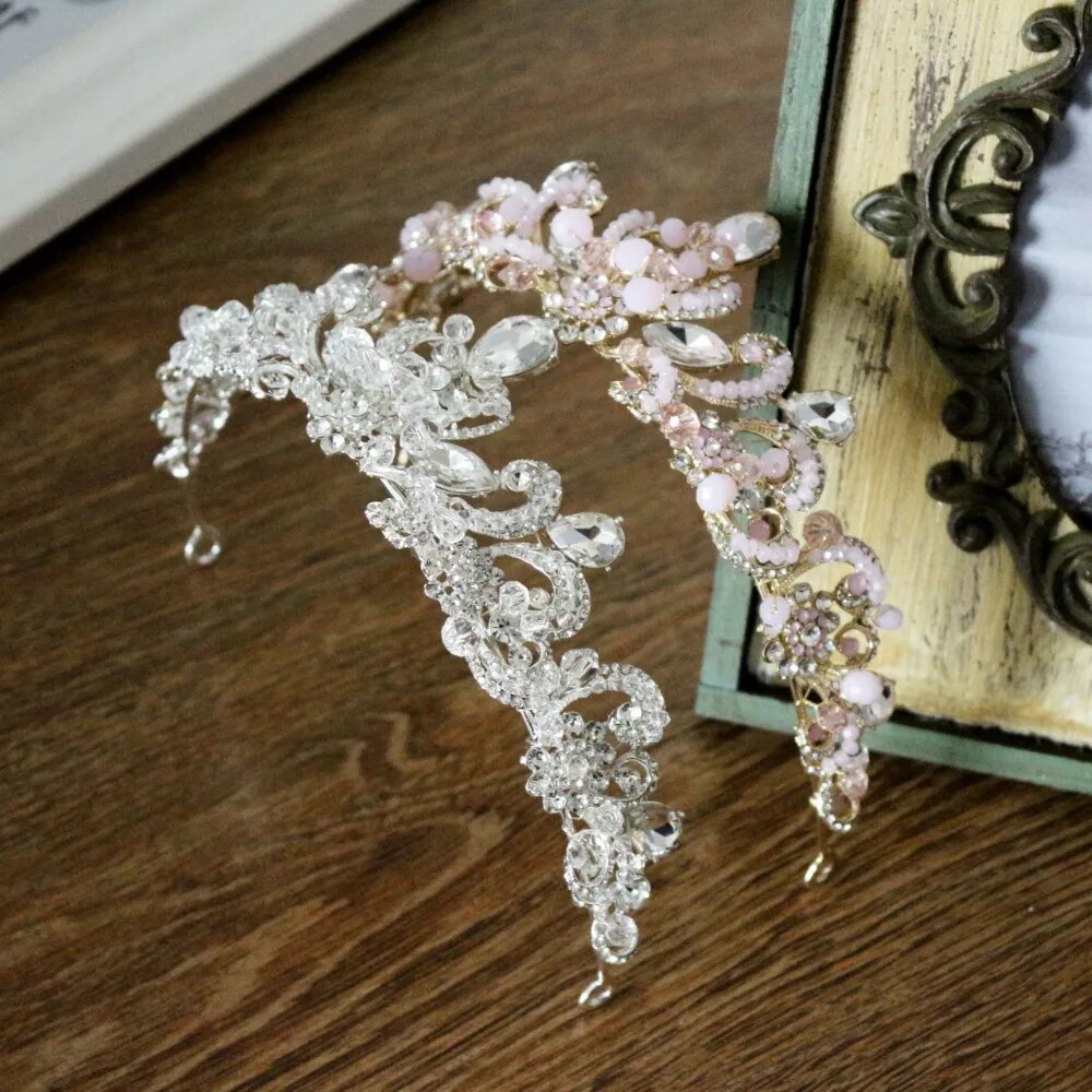 Baroque handmade pink crystal beads bridal tiaras crown vintage wedding hair accessories rhinestone crowns pageant prom diadem LUXLIFE BRANDS