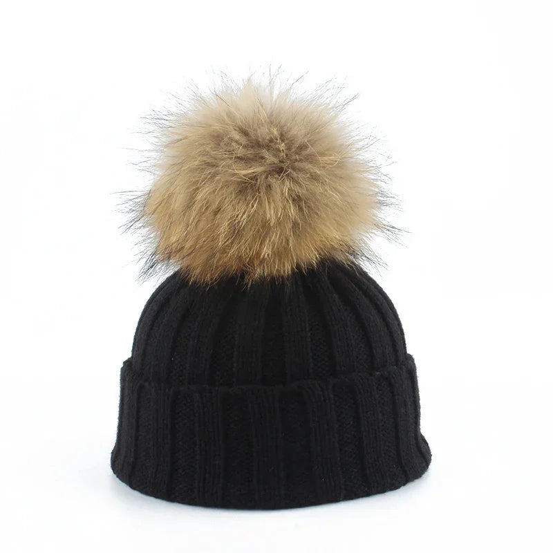 Big Fur Pom pom Beanie Hat Parent Kids Warm Knitted Winter Hats Baby Girls Boys Real Raccoon Fur pompom Beanies Cap LUXLIFE BRANDS