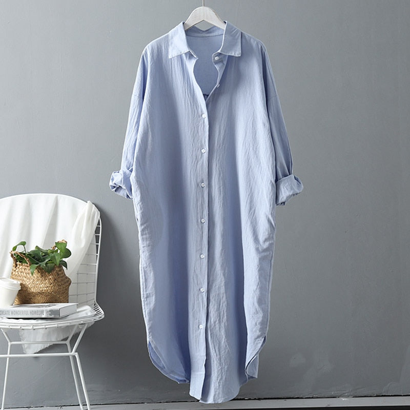 Cotton Women Blouse Shirt Dress Beach Vacation New Linen Cottons Casual Plus Size Womans Long Section Shirt White/Blue