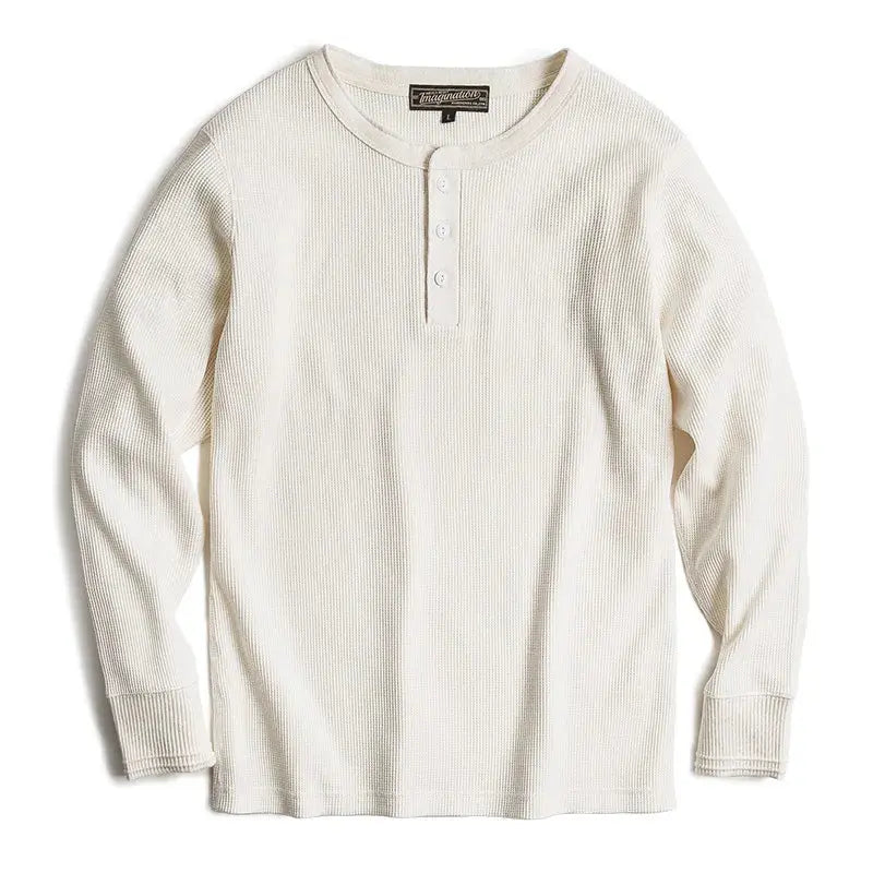 Maden Fit Long-sleeved Pullover T-shirts Men Waffle Cotton Henry T-shirt Sweater Tee Man Clothing Regularly （White ） - LUXLIFE BRANDS