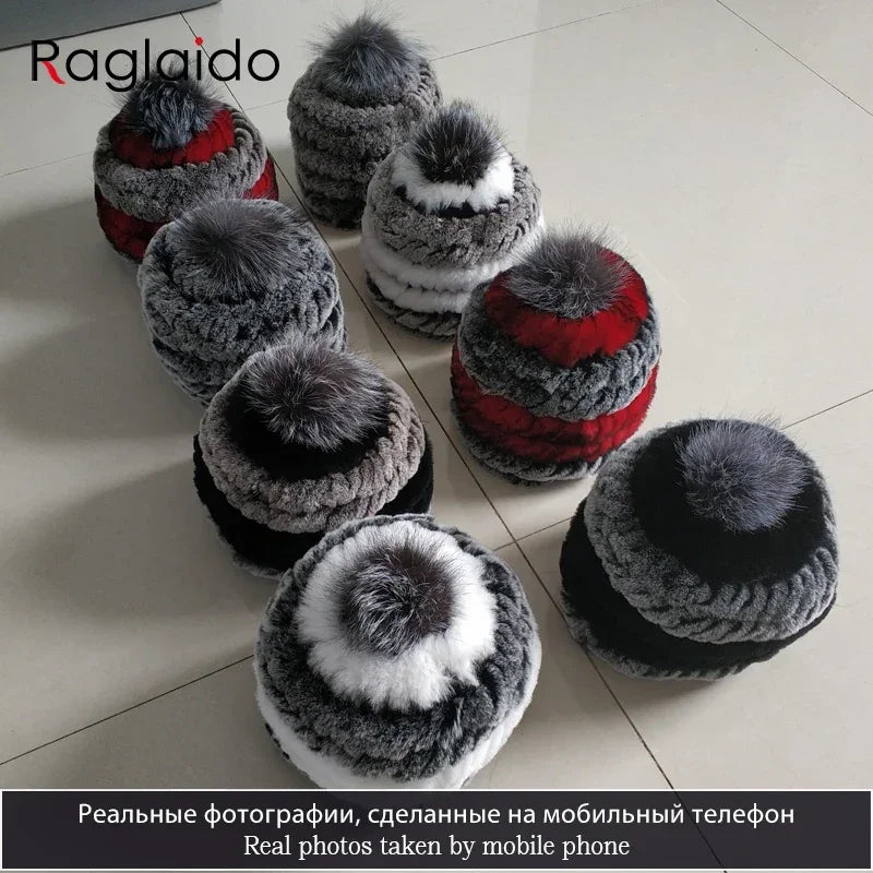rex rabbit fur hat cap women's winter pompom caps warm natural fur knitted elastic black gray fox ball female bomber hats girsl LUXLIFE BRANDS