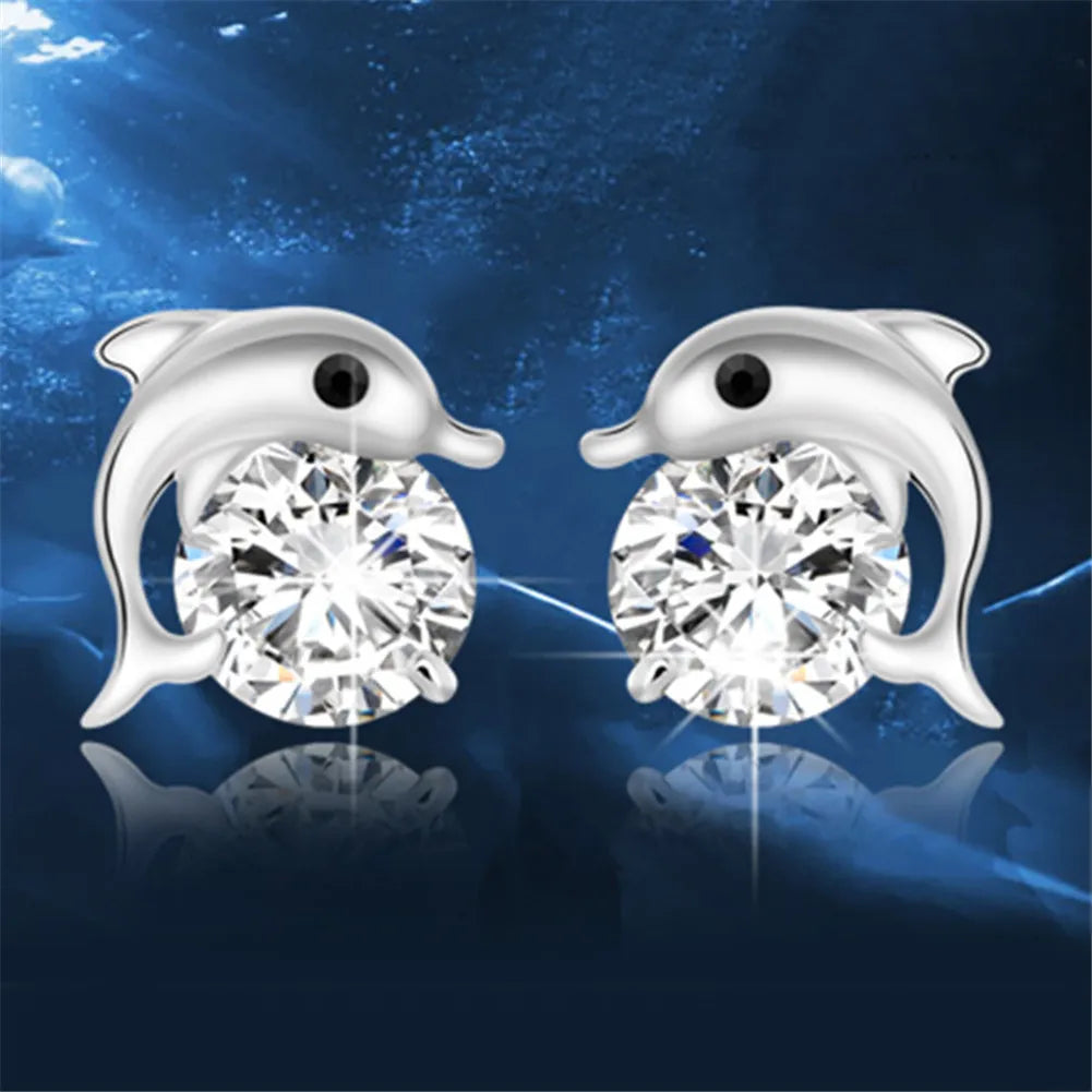 Dolphin Stud Earrings High Quality 925 Stering Silver Round Cut AAA Zircon LUXLIFE BRANDS